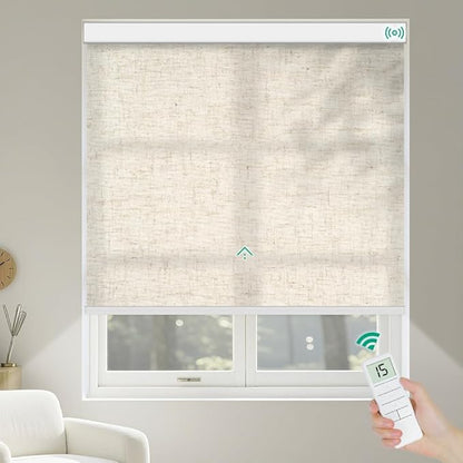 Motorized Roller Shades, Light Filtering Remote Control Custom Window Shades Compatible with Alexa Google Assistant via RF Hub, Rechargeable Electric Blinds for Windows (Texture Beige)