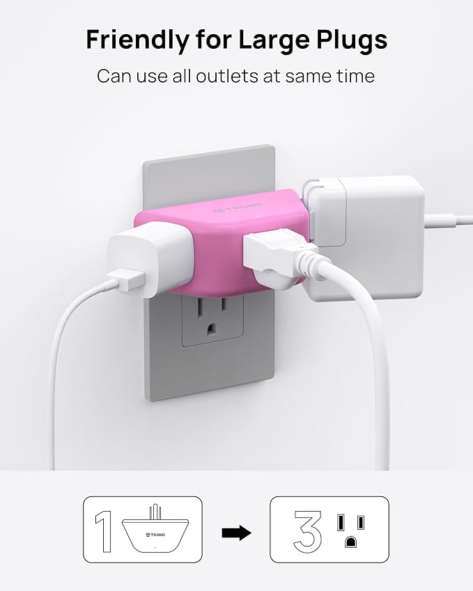 TROND Pink Outlet Extender with 3-Prong Grounded Sockets, for Tight Spaces | 3 Way Angled Plug Splitter, Compact and Practical Multiple Wall Expander for Home Travel Cruise Essentials