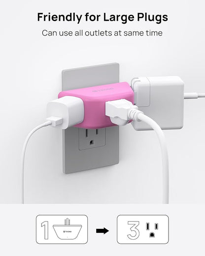 TROND Pink Outlet Extender with 3-Prong Grounded Sockets, for Tight Spaces | 3 Way Angled Plug Splitter, Compact and Practical Multiple Wall Expander for Home Travel Cruise Essentials