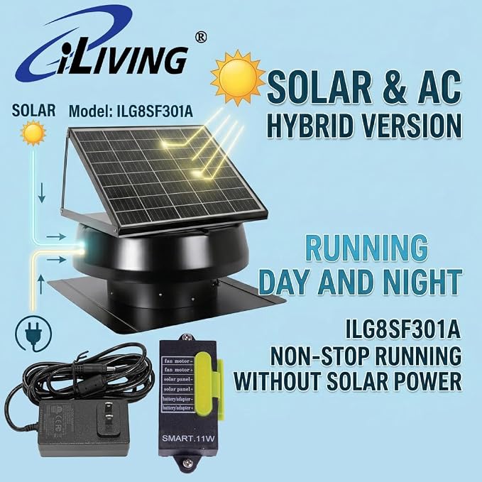 iLIVING 14" HYBRID Smart Thermostat Solar Roof Attic Exhaust Fan, 40-Watt, 1150 CFM, Cools up to 2900 Sq.Ft. Coverage Area, Black