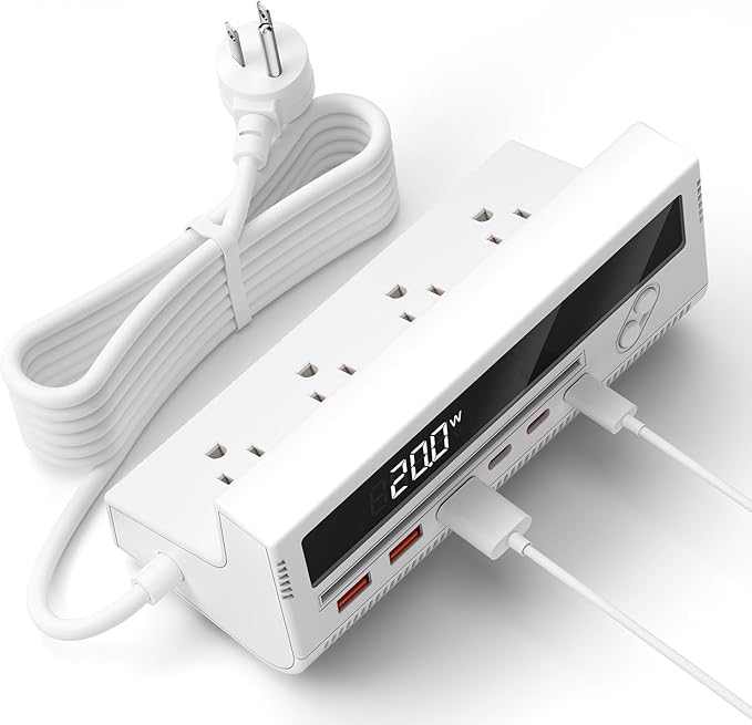 10-in-1 USB Charging Station, 4 Outlets Power Strip with 6 USB, 5 FT Long Extension Cord, 45° Flat Plug, 20W Fast Mulit Charging Station for Home Office Travel Plug Extension Outlet (White)