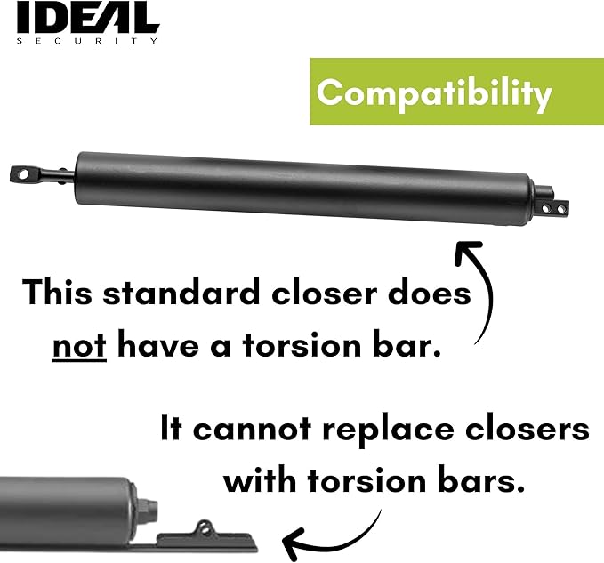 Ideal Security Model 9 Standard Duty Pneumatic Storm and Screen Door Closer, 10.5" L x 1.25" W x 1.25" H, Adjustable Speed, Smooth Closing for Lightweight to Medium Doors, Easy Install, Matte Black