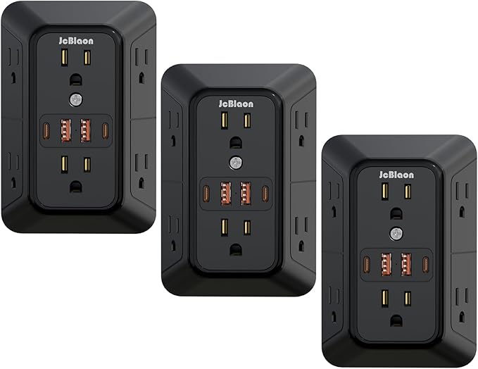 JcBlaon 3 Pack Outlet Extender Surge Protector, 6 Outlet Splitter with 4 USB Ports (2 USB C),1050J 3-Sided Multi Plug Wall Outlet, USB Wall Charger for Home Office Kitchen Travel（Black）-ETL
