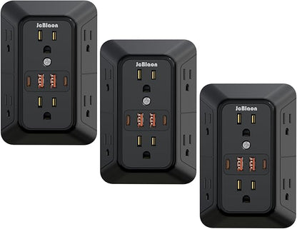 JcBlaon 3 Pack Outlet Extender Surge Protector, 6 Outlet Splitter with 4 USB Ports (2 USB C),1050J 3-Sided Multi Plug Wall Outlet, USB Wall Charger for Home Office Kitchen Travel（Black）-ETL