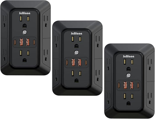 JcBlaon 3 Pack Outlet Extender Surge Protector, 6 Outlet Splitter with 4 USB Ports (2 USB C),1050J 3-Sided Multi Plug Wall Outlet, USB Wall Charger for Home Office Kitchen Travel（Black）-ETL