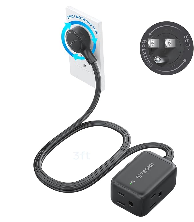 TROND 360 Rotating Flat Plug Extension Surge Protector 3 ft, 3 AC, Black