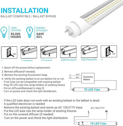 LEDMyplace 4FT LED T8 Ballast Bypass Type A+B Light Tube, 22W, 2860lm, Single/Double End Powered, ETL Listed, Replacement, T8 Bulbs 4 Foot 5000K, Clear, 3000K-6500K Selectable Lighting, 4 Pack