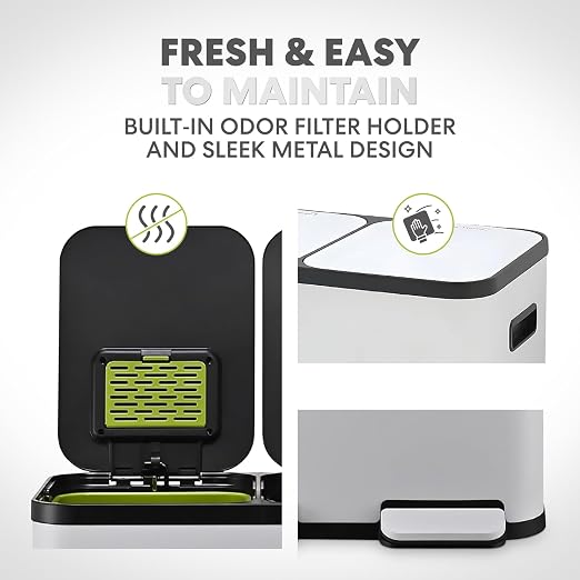 Simpli-Magic 60 Liter / 16 Gallon Rectangular Hands-Free Dual Compartment Recycling Kitchen Step Trash Can with Soft-Close Single Lid, Stainless Steel (30L x 30L Capacity) White