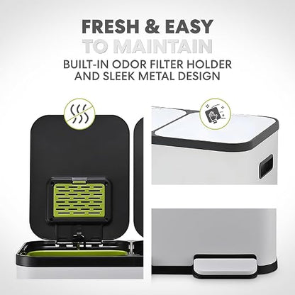Simpli-Magic 60 Liter / 16 Gallon Rectangular Hands-Free Dual Compartment Recycling Kitchen Step Trash Can with Soft-Close Single Lid, Stainless Steel (30L x 30L Capacity) White