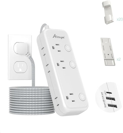 15FT Surge Protector Power Strip with Individual Switches 6 Outlets 3 USB(17W USB C), Ultra Thin Flat Plug Braided Cord, Wall Mount Extension Cord with Overload Protection for Home Office Dorm 1625W