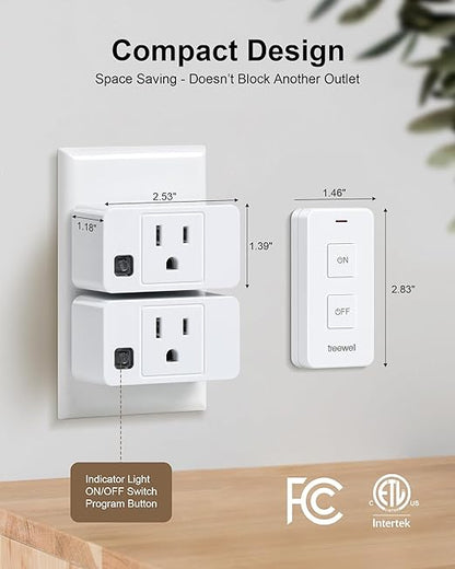 Remote Control Outlet with 2 Remotes, 200FT Long Range Wireless On Off Switch, Mini Electrical Outlet Plug, 15A/1875W High-Power for Lamps, Lights, Household Appliances, ETL & FCC Listed