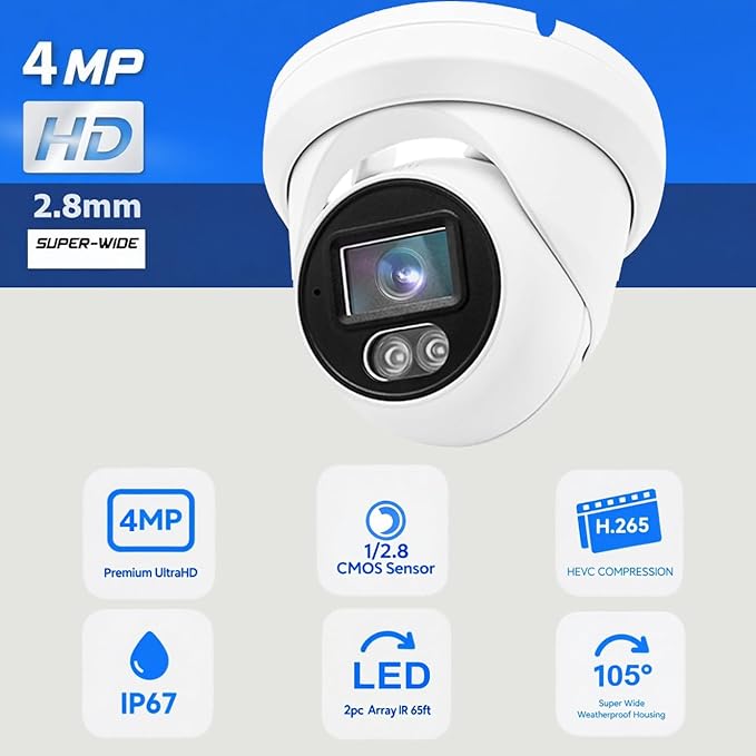 Real HD 4MP Full Color Night Vision PoE IP Turret Dome Camera, 2.8mm Wide Angle, H.265, CCTV Security Camera Outdoor Rated Waterproof IP66,NDAA Compliant