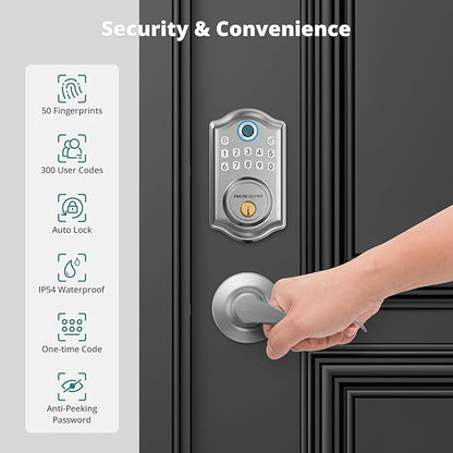 AkaGear DS10 Keyless Entry Door Lock with 2 Lever Handle, Fingerprint, Keypad Code, 2 Keys, Smart Locks for Front Door, Bedroom, One-time Code, Auto-Lock, Easy Installation - Satin Nickel