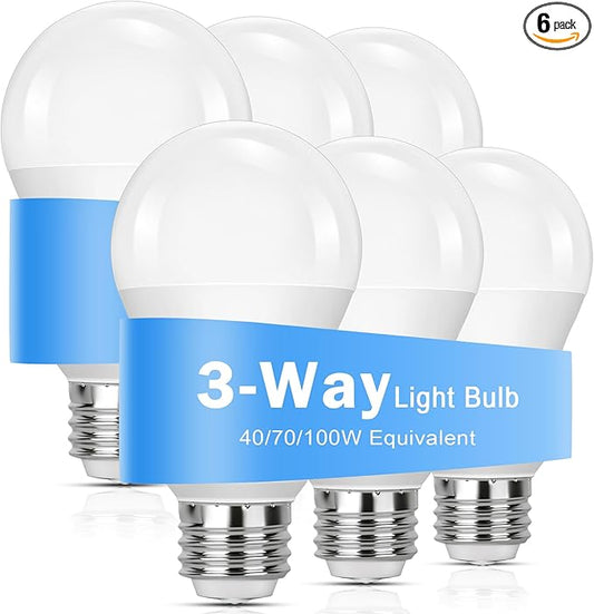 3 Way Light Bulbs 40 70 100W Equivalent, LED Dimmable A19 Three Way Light Bulb Daylight White 5000K, E26 Medium Base, Energy Saving 4/8/12W 3 Way LED Light Bulbs for Indoor Floor/Table Lamp, 6-Pack