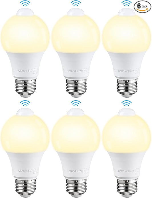 TORCHSTAR 6-Pack A19 Motion Sensor LED Light Bulb, 900LM, E26 3000K