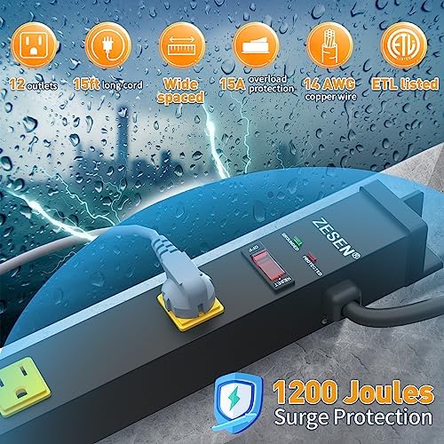 12 Outlet Industrial Long Power Strip Wide-Spaced Outlets with 15Ft Cord