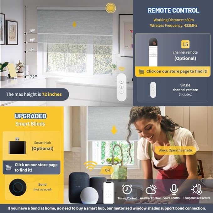 Motorized Blinds with Remote, Grasscloth Fabric Smart Blinds with Valance Cover, Cordless Automatic Roller Shades, Blackout Electric Blinds for Windows,Gray 44" W x 72" H