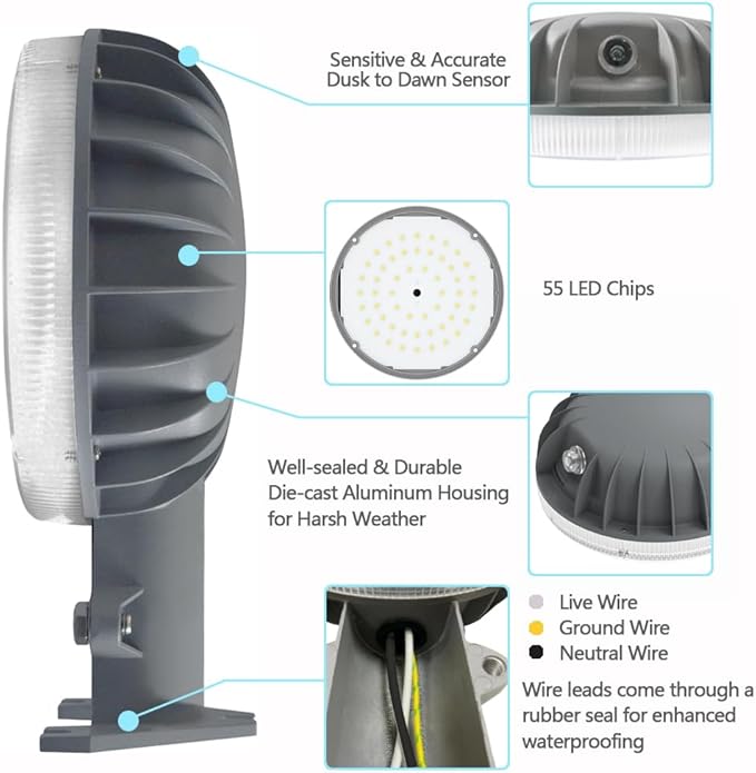 Owleye 6000LM Dusk to Dawn Outdoor Lighting LED Barn Light Security Lights, 42W 4000K Daylight, AC 110-240V, ETL Listed, Waterproof Outside Lights for Yard Warehouse Garage