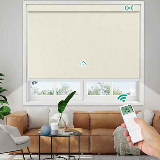 Motorized Roller Shades, 10O% Blackout Remote Control Custom Window Shades Compatible with Alexa Google Assistant via RF Hub, Rechargeable Electric Blinds for Windows (Fabric Beige)