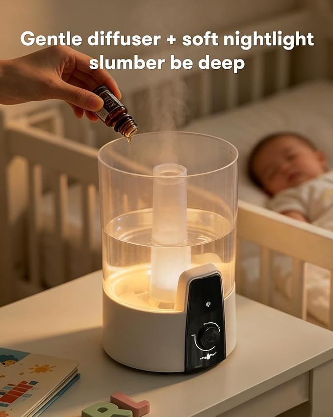 Nursery Humidifiers for Bedroom,1.06Gal(4L) humidifier for baby,3-in-1 Humidifier & Aroma Diffuser & Night Light,Dishwasher-Safe Tank Easy to Clean,Top Fill,360° Ultra-Fine Spray,Auto Shut-Off,White