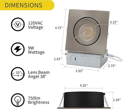 KnLnny Ware Brushed Nickel Square Recessed Lights 4 inch 6 Pack,Gimbal Recessed Lights with Junction Box,dimmable, 5CCT Selectable,9W 750LM