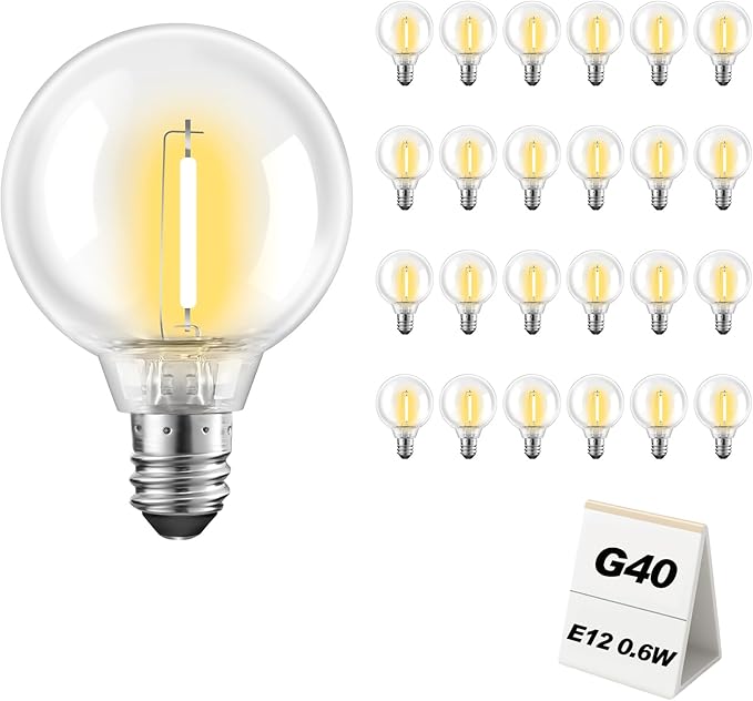 25-Pack G40 LED Replacement Light Bulbs Shatterproof Waterproof Dimmable 0.6W E12 Base 2700K Warm White Bulbs for Outdoor String Lights Garden Wedding