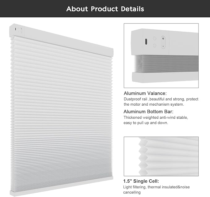 Changshade Smart Motorized Cellular Shades Remote Control for Indoor Windows Doors, Custom Size Electric Automatic Light Filtering Honeycomb Blinds Work with Alexa, Google Home, Smarthings, White