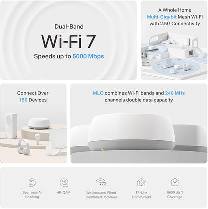 TP-Link Deco 7 BE25 Dual-Band BE5000 WiFi 7 Mesh Wi-Fi System | 4-Stream 5 Gbps, 240 Mhz | Covers up to 6,600 Sq.Ft | 2X 2.5G Ports Wired Backhaul | VPN,MLO, AI-Roaming, HomeShield, 3-Pack