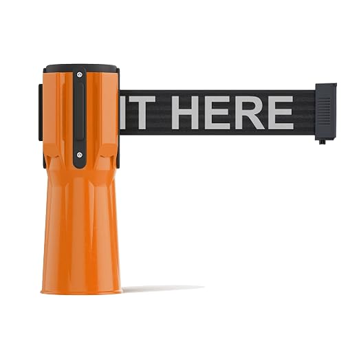 Trafford Industrial Cone-Mounted Retractable Belt Barrier, 11 Ft. | Orange ABS Case, Black 2-inch Herringbone Belt with "Please Wait Here" White Letters, Belt-Braking Control, 4-Way Receiver