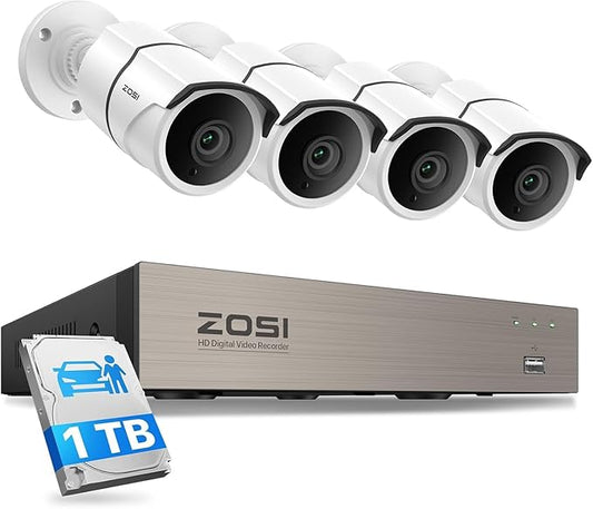 ZOSI 8CH 3K Lite Home Security Camera System, AI Human/Vehicle Detection, 120ft Night Vision, 4pcs 1080P Metal Weatherproof Cameras with Audio, H.265+ 8Channel DVR with 1TB HDD for 24/7 Recording