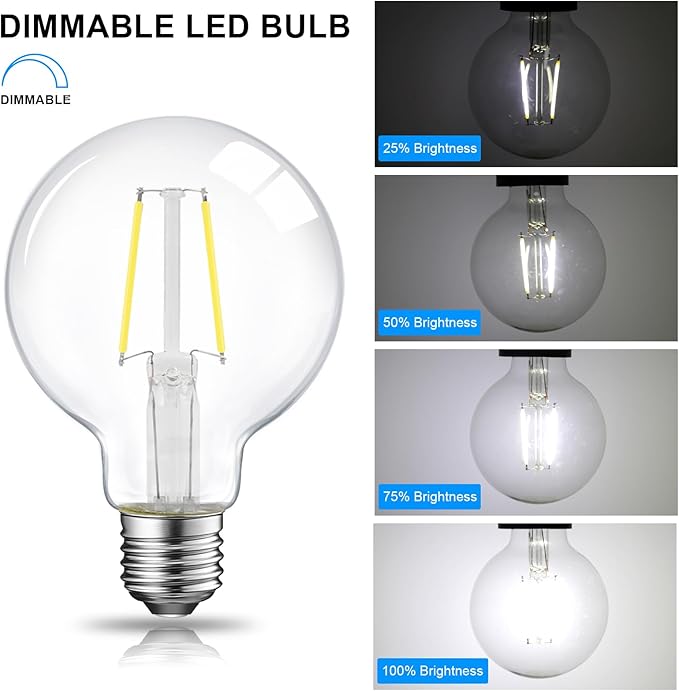 ENERGETIC SMARTER LIGHTING 5W Dimmable G25 LED Edison Light Bulb, G25 (G80) Globe Bulb, 60W Equivalent, 5000K Daylight, Christmas Light, E26 Standard Base, ETL Listed, 6-Pack