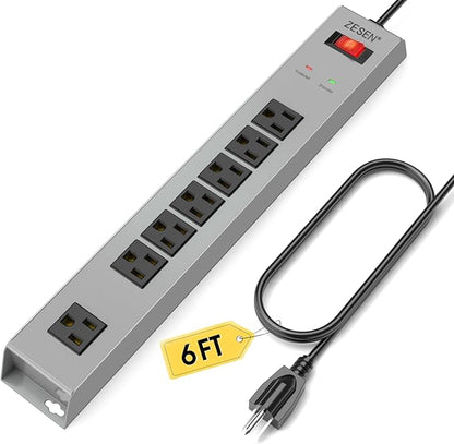 ZESEN 7 Outlet Metal Long Power Strip with Overload Protection & 1500J Surge Protection, 6ft Cord Wall Mounted Industrial Power Strip for Office Workshop Garage, ETL Listed(15A/1875W), Grey