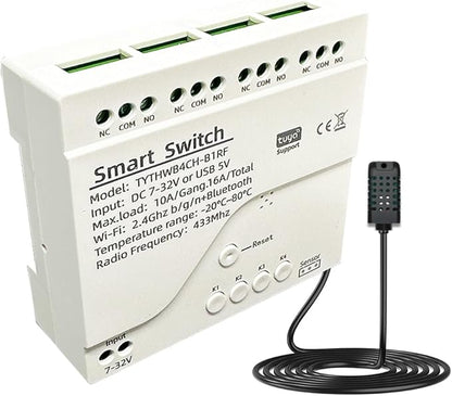 Tuya 4CH WiFi Switch 7-32V Smart Temperature and Humidity Sensor, Dry Contact, Remote Application Control and Monitoring Function, Voice Control, Smart Scene, Compatible with Alexa and Google Home