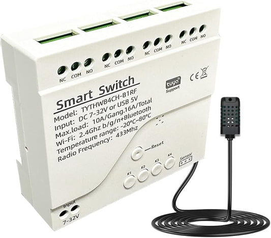 Tuya 4CH WiFi Switch 7-32V Smart Temperature and Humidity Sensor, Dry Contact, Remote Application Control and Monitoring Function, Voice Control, Smart Scene, Compatible with Alexa and Google Home