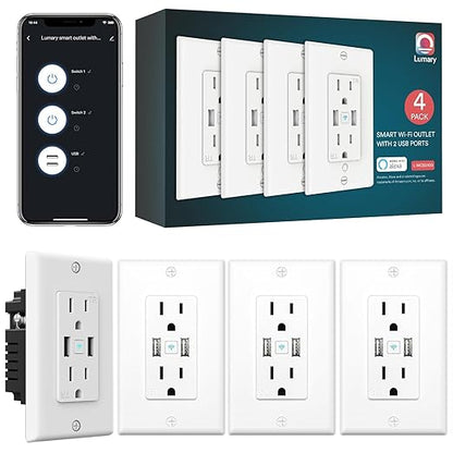 Lumary Smart Outlet, 2 USB Ports & 2 Plugs, 15 Amp WiFi USB Outlet Works with Alexa Google Home, ETL FCC Certified, Timer, Tamper-Resistant, 4Pack