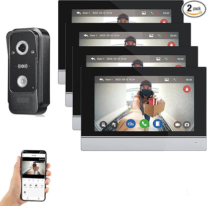 Wired Video Intercom System Tuya WiFi 7 Inch Touch Screen 1080P Doorbell Intelligent Tuya APP Intercom Kit with 3 in 1 Unlock Motion Detection,Anti-Tamper Alarm,32G (1 Bell+4 Monitor)