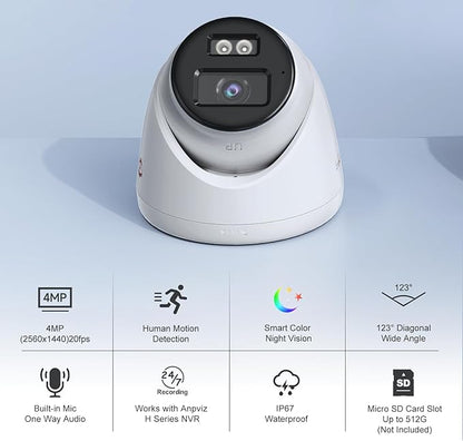 Anpviz 4MP Wired PoE IP Camera with Mic, Turret IP Security Camera Outdoor Indoor, Smart Dual Light Color Night Vision, AI Human Motion Detection, 2.8mm Lens, IP67 Waterproof, IPC-D3E43WD-S (H Series)