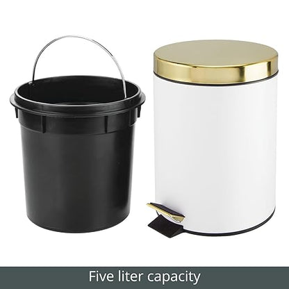 mDesign Pedal Bin — Metal Waste Bin with Pedal, Lid and Plastic Bucket Insert — Perfect for Bathroom, Kitchen, and Office — Household Rubbish Bin with Ergonomic Design — White/Gold