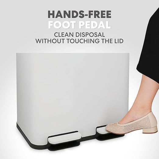 Simpli-Magic 60 Liter / 16 Gallon Rectangular Hands-Free Dual Compartment Recycling Kitchen Step Trash Can with Soft-Close Single Lid, Stainless Steel (30L x 30L Capacity) White