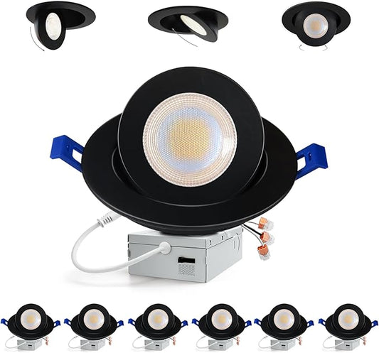 Adetu 5CCT Gimbal Black Led Recessed Lighting 6 inch, 360°+90° Adjustable Directional 6 inch Led Recessed Light, 2700K-5000K Dimmable Eyeball Canless Downlight with Jbox, ET (Black, 6 Pack)
