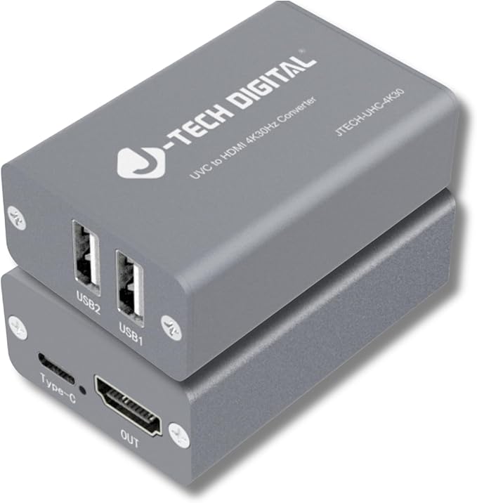 J-Tech Digital UVC to HDMI Converter Adapter 4K 30Hz, USB Camera to HDMI Output with On-Screen Controls, Live Streaming Support, Camera Charging, Works with UVC Webcams Capture Cards [JTECH-UHC-4K30]