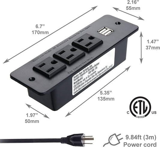 Conference Recessed Power Strip with USB 3 Outlets 1875W/12amp 2 USB Ports 2.1amp 10ft Power Cord Black