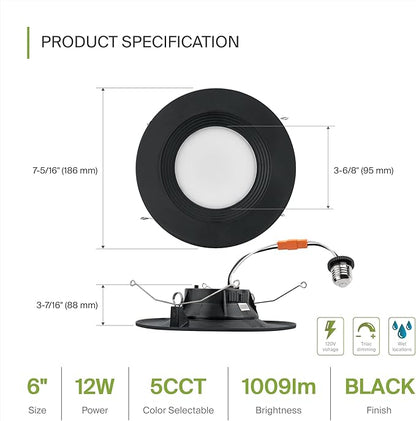 ASD Black Retrofit LED Recessed Lighting 6 Inch - 12W 2700K-5000K 1009LM Can Lights for Ceiling 6 Inch, Dimmable Black Recessed Lights, Baffle Trim Wet Rated Wafer Lights, UL