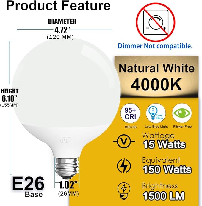 ILC G120 LED Large Globe Light Bulbs 15W, Compatible with Alexa Required Echo Device, Φ 4.72 inch, Color Changing, 150W Equivatlent, Color Temprature 4000k, CRI>95+, E26 Base (2 Pack)