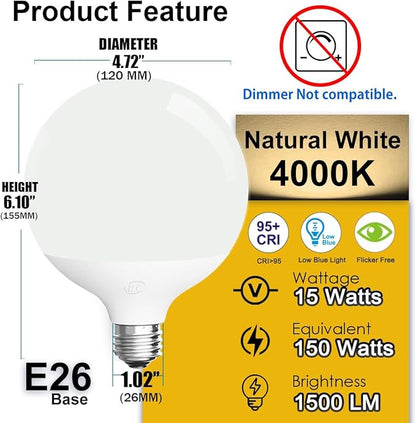 ILC G120 LED Large Globe Light Bulbs 15W, Compatible with Alexa Required Echo Device, Φ 4.72 inch, Color Changing, 150W Equivatlent, Color Temprature 4000k, CRI>95+, E26 Base (2 Pack)