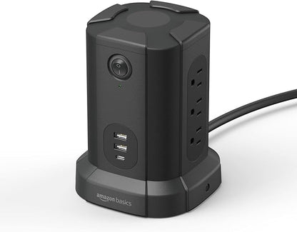 Amazon Basics Power Strip Tower Charging Station, Surge Protector 1080J, 9 Outlet with Integrated USB Charging Ports (2 USB-A and 1 USB-C), Space Saving, 15A, 6ft Cord, Black