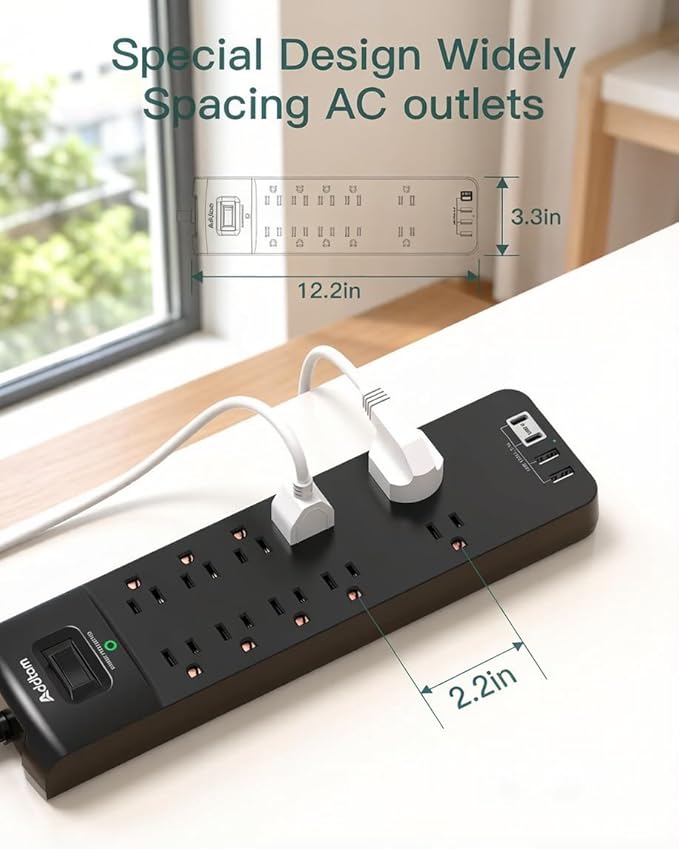 Addtam Power Strips with Surge Protection, 15FT Long Extension Cord with Multiple Outlets, Surge Protector Power Strip with 10 Outlets and 4 USB Ports(2 USB C), Flat Plug, 2700J, Black