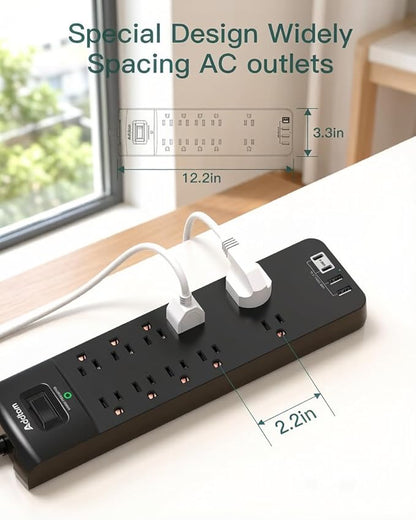 Addtam Power Strips with Surge Protection, 15FT Long Extension Cord with Multiple Outlets, Surge Protector Power Strip with 10 Outlets and 4 USB Ports(2 USB C), Flat Plug, 2700J, Black