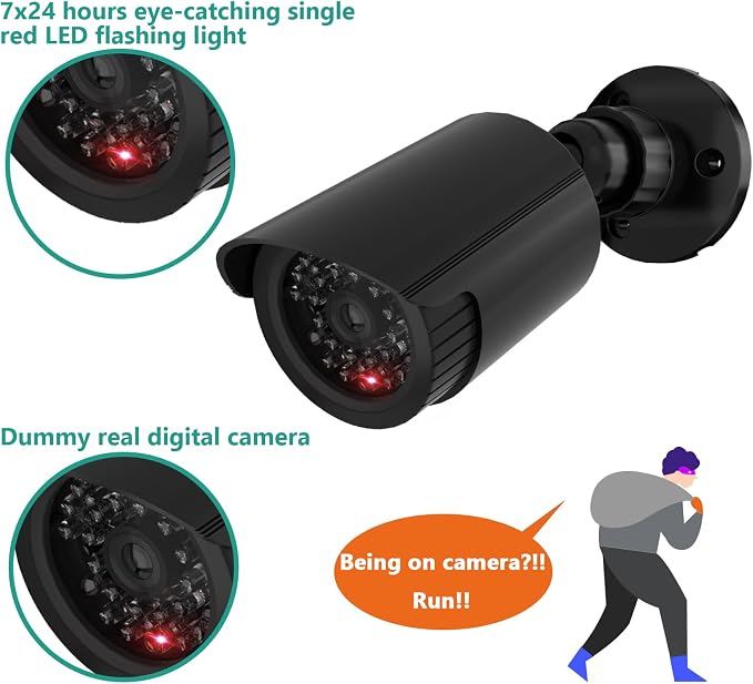 WALI Fake Security Camera with Flashing Red Light, 4 Pack, Black（TC-B4）