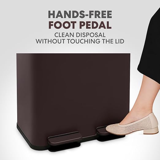 Simpli-Magic 60 Liter / 16 Gallon Rectangular Hands-Free Dual Compartment Recycling Kitchen Step Trash Can with Soft-Close Single Lid, Stainless Steel (30L x 30L Capacity) Brown